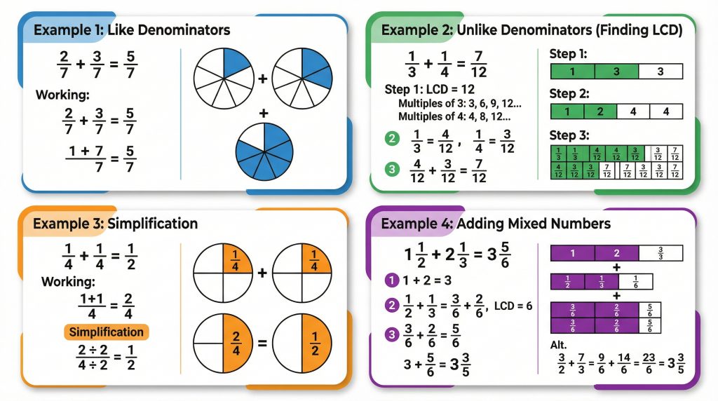 four worked examples of fraction addition covering like denominators unlike denominators mixed numbers and simplification