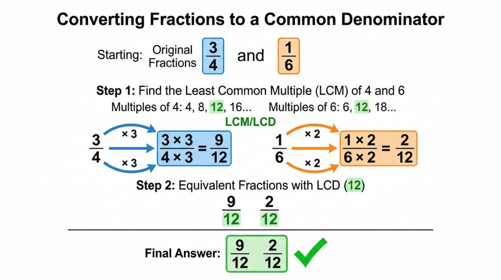 step by step diagram showing how to add fractions with unlike denominators using LCD method
