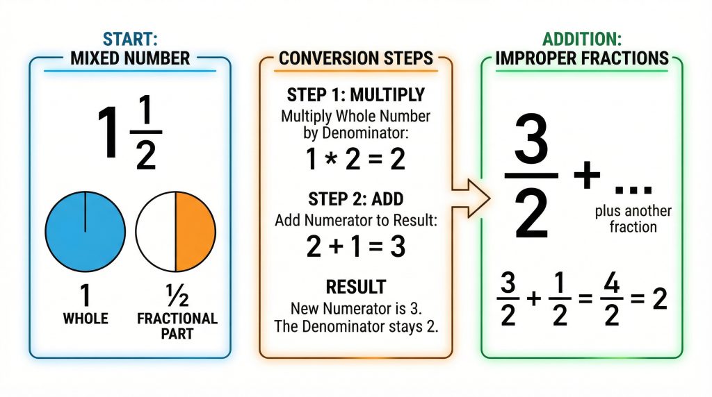 mixed number fraction addition example showing conversion to improper fractions before adding