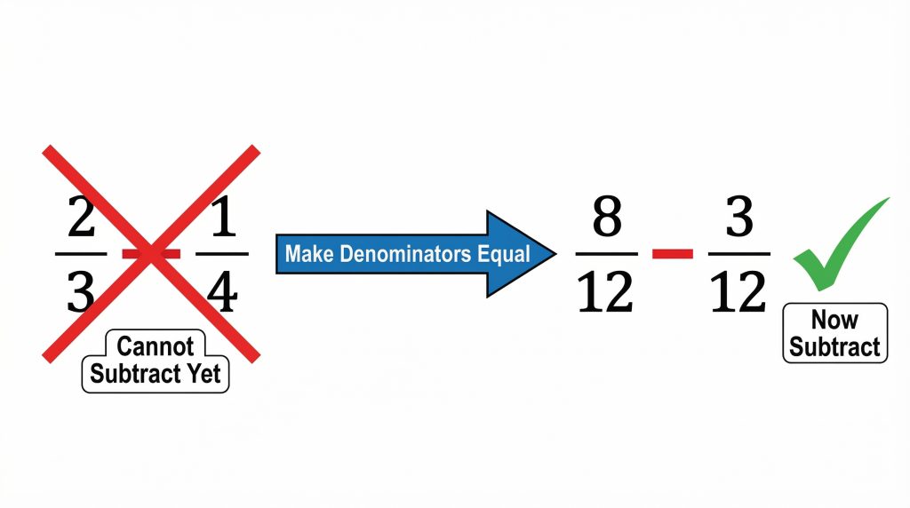 diagram showing the core rule of subtracting fractions — denominators must match before subtracting numerators