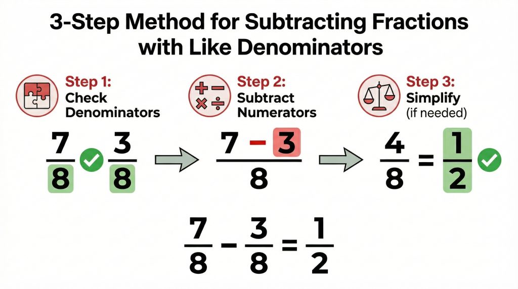 step by step diagram showing subtracting fractions with like denominators — subtract numerators keep denominator