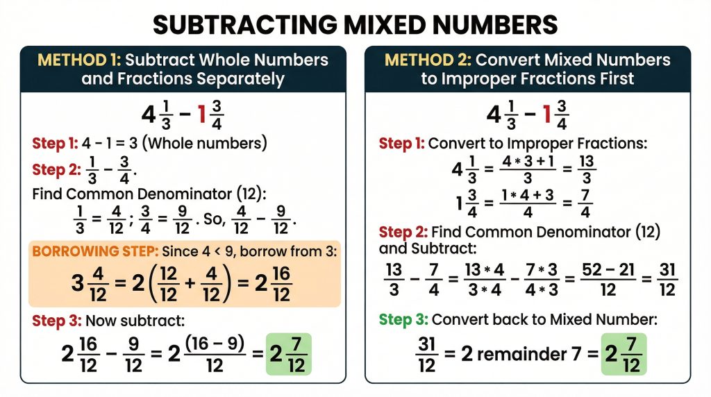step by step diagram showing two methods for subtracting mixed numbers — whole number method and improper fraction method