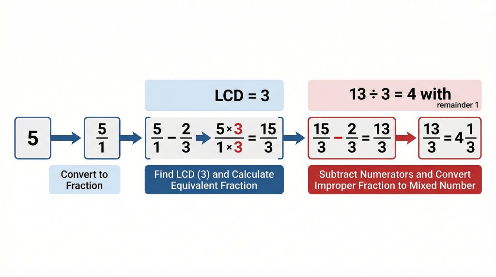 diagram showing how to subtract a fraction from a whole number by converting whole number to fraction form