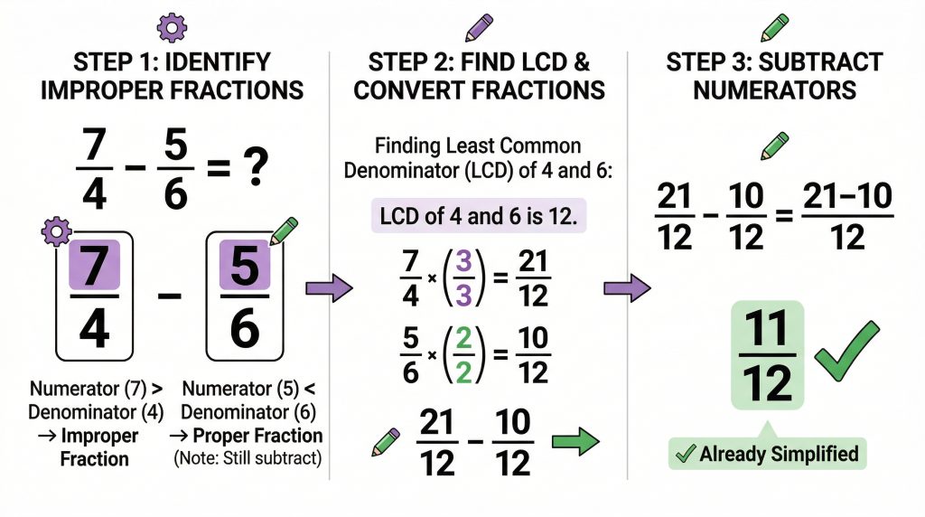 diagram showing subtraction of improper fractions with LCD method and conversion to mixed number