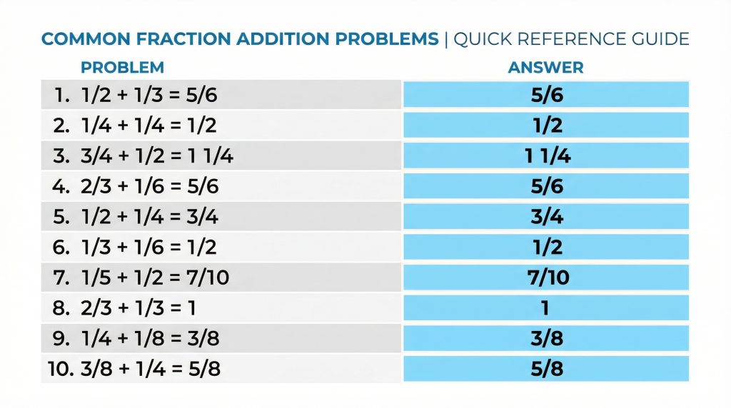 table of common fraction addition problems with answers including one half plus one third three quarters plus one half and two thirds plus one sixth