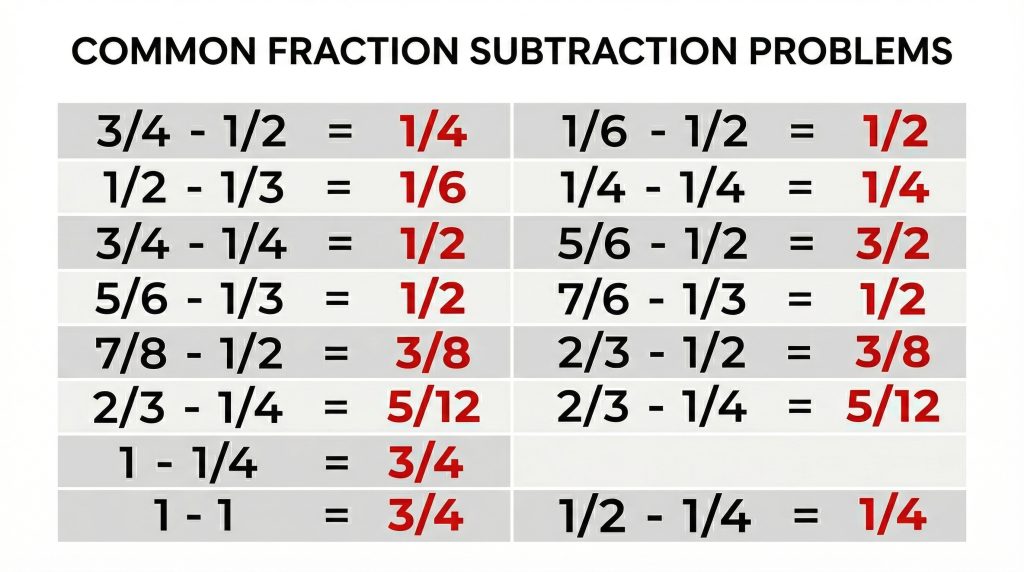 reference card showing most common fraction subtraction problems and their answers