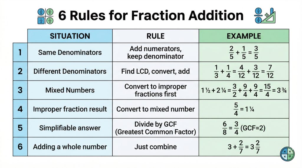 quick reference table showing rules for adding fractions in different situations like denominators unlike denominators mixed numbers and simplification