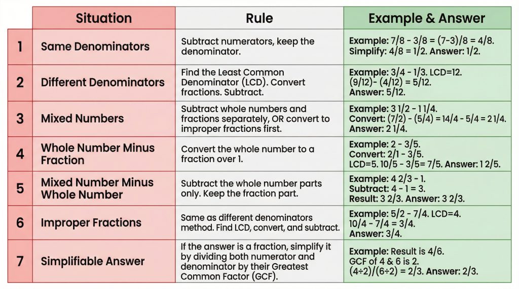 quick reference table showing rules for subtracting fractions in all situations