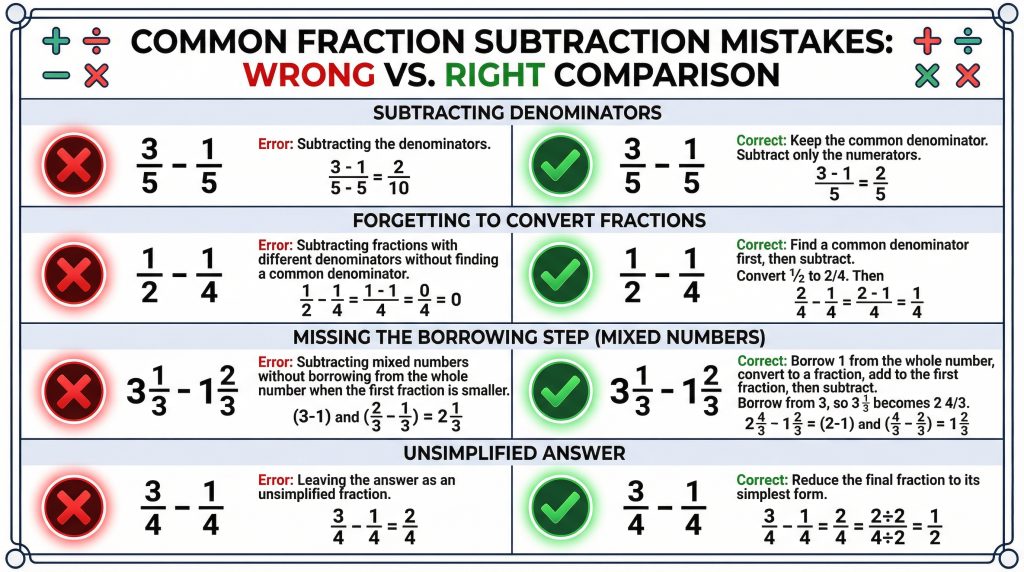 wrong versus right examples showing common mistakes in fraction subtraction