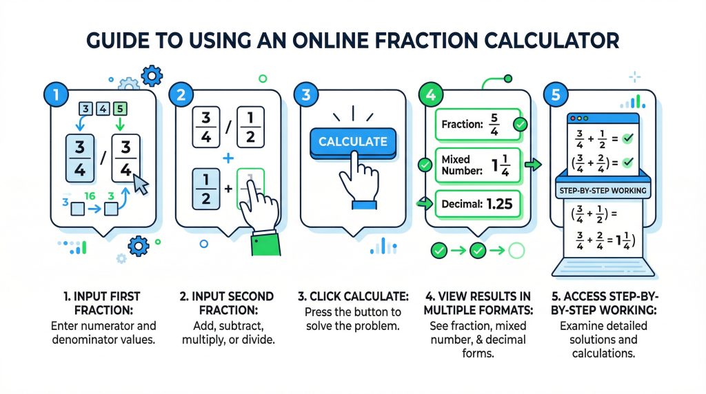 fraction calculator showing input fields for numerator and denominator with calculate button and step by step results