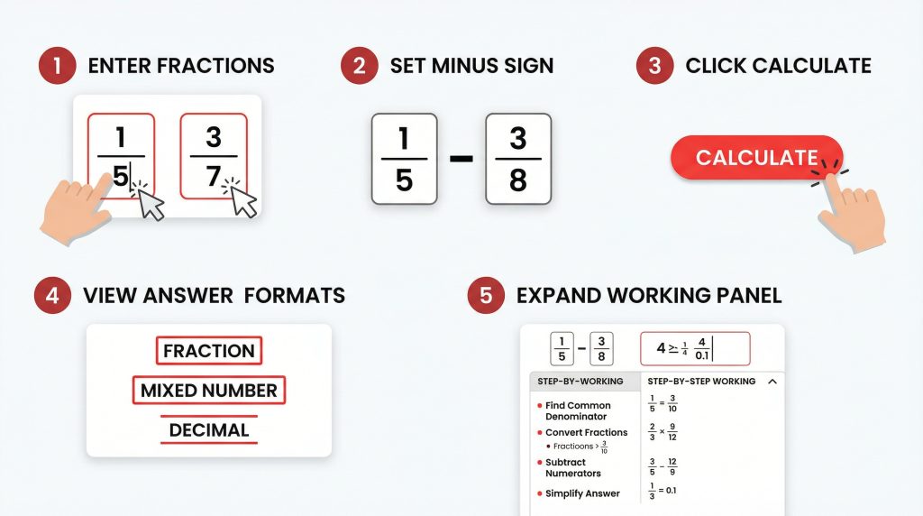 subtracting fractions calculator showing input fields and step by step working results