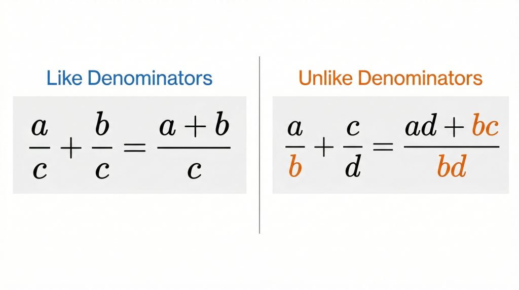 fraction addition formula showing a over b plus c over d equals ad plus bc over bd